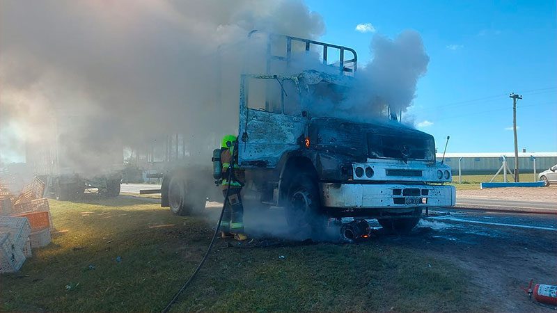 Camión de una granja avícola se incendió en Ruta 12 y quedó destruido: fotos