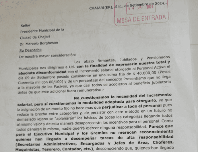 Fuerte reclamo salarial de los Jubilados Municipales de Chajarí: “El monto fijo es injusto y discriminatorio”