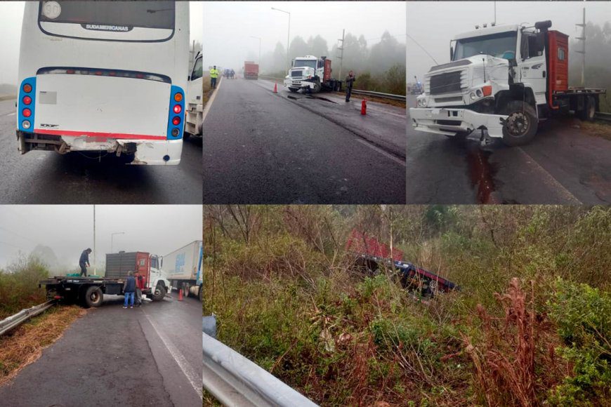 Autovía 14: Colectivo con 42 estudiantes chocó con una camioneta y un camión despistó para evitarlos