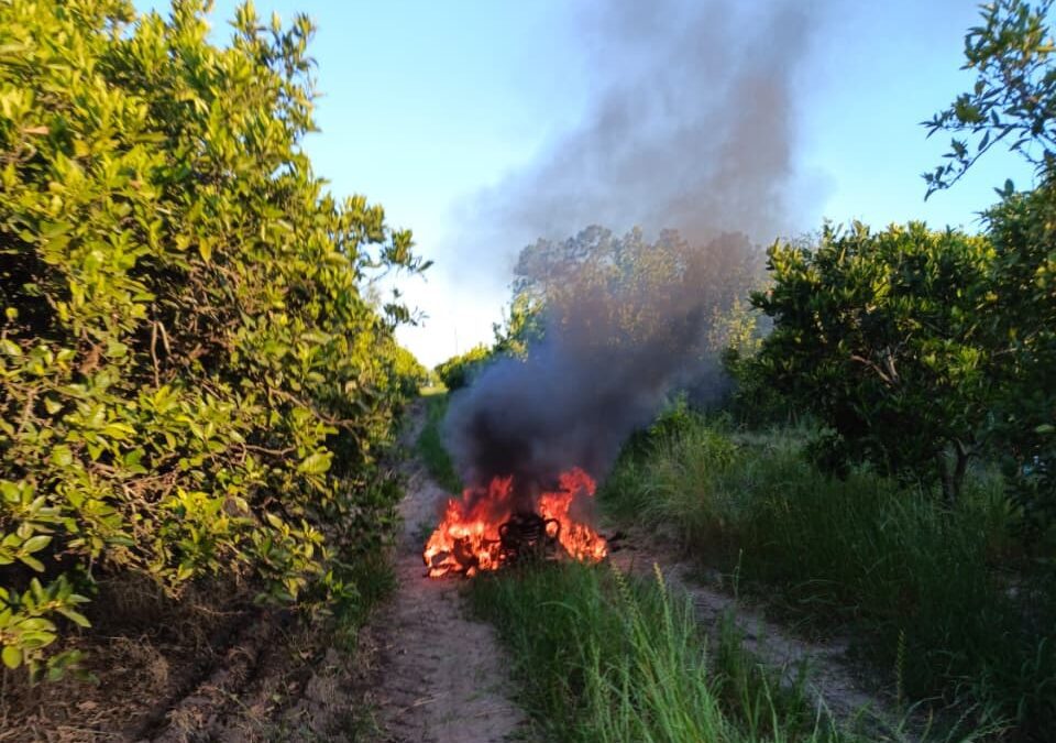 Villa del Rosario: Un cuatriciclo se incendió por completo cuando circulaba en una quinta de cítricos